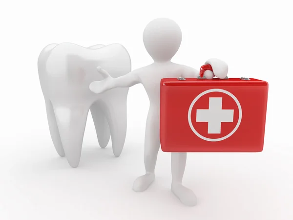 口腔科医师临床工作。牙和男子与医疗工具包 — 图库照片