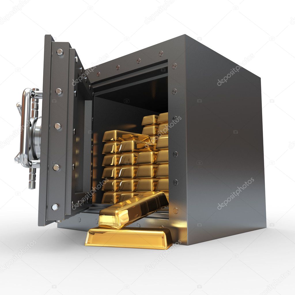 Stack of golden ingots in bank vault