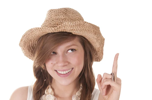 Усміхнена дівчина в солом'яному капелюсі — стокове фото