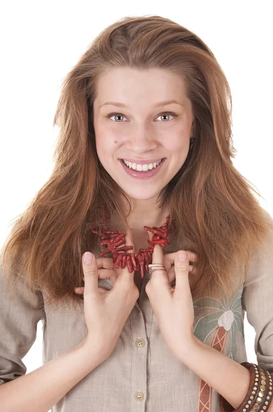 Portré fiatal nő, gyöngyök — Stock Fotó