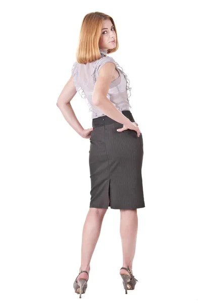 Mulher bonita em blusa e saia em branco — Fotografia de Stock