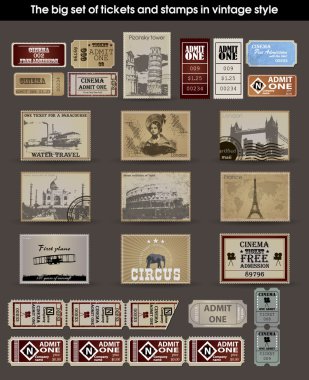 Big set of tickets and stamps in vintage style. vector clipart