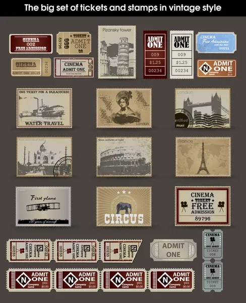 Grande set di biglietti e francobolli in stile vintage. vettore — Vettoriale Stock