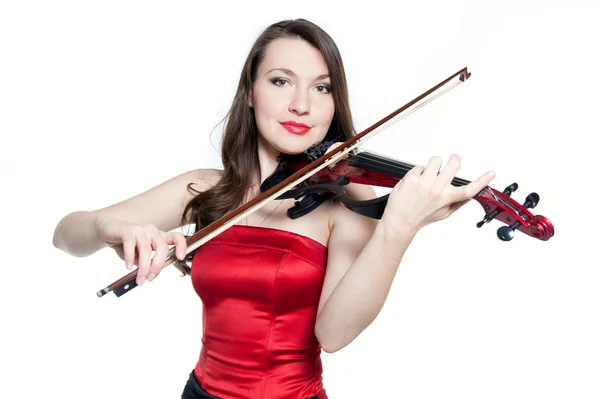 Violinista menina em vestido vermelho — Fotografia de Stock