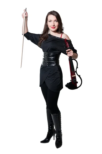 Violinist girl in black dress — Stock Photo, Image
