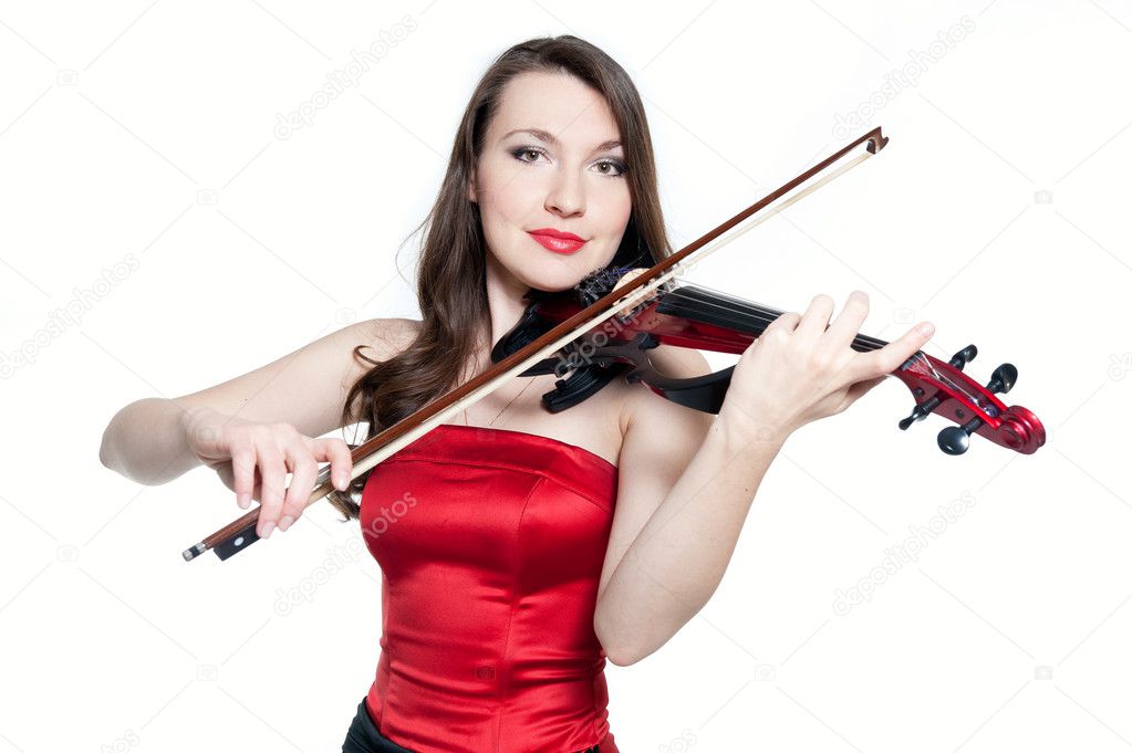 Violinist girl in red dress