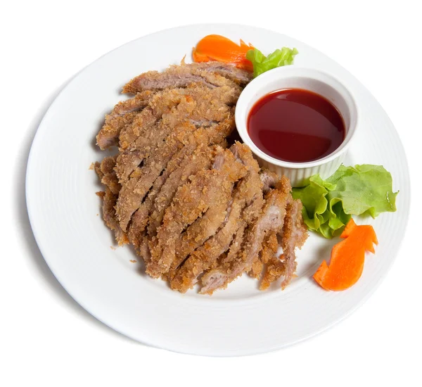 Battered pork with sauce on a plate — Stock Photo, Image