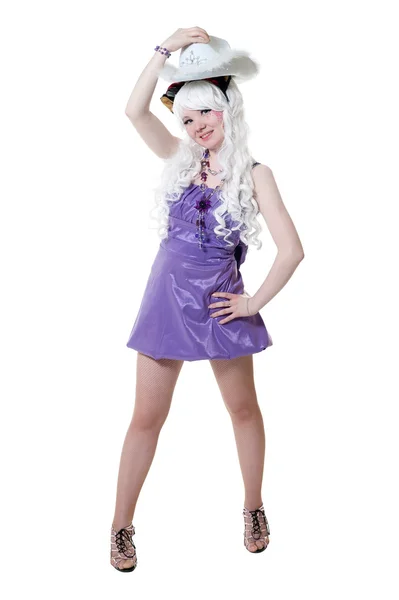 Mooi meisje in violet jurk — Stockfoto