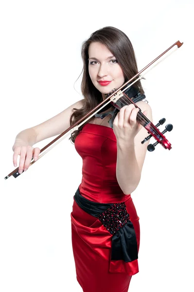 赤いドレスの女の子をバイオリン奏者 — ストック写真