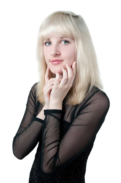 Vacker blondin i svart klänning — Stockfoto
