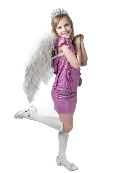 Kleine Prinzessin in lila Kleid und Flügeln — Stockfoto