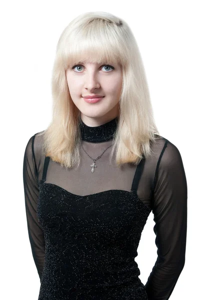 Vacker blondin i svart klänning — Stockfoto