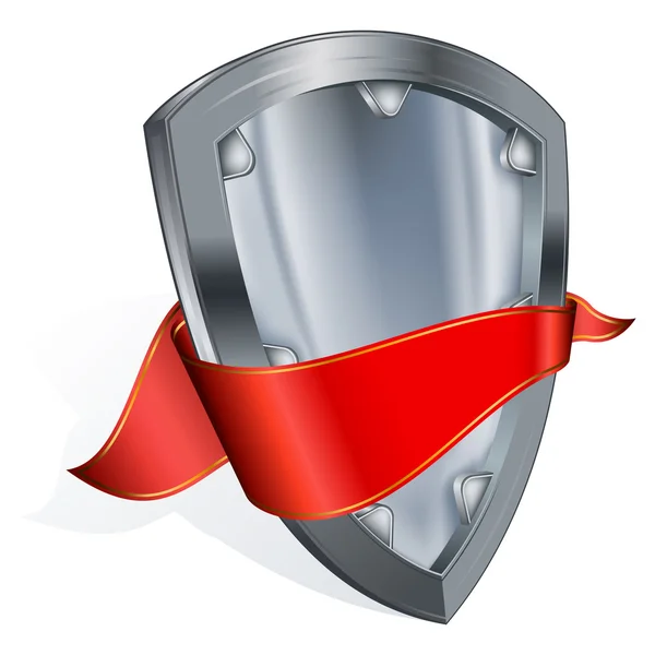 Steel shield with red ribbon — Stock Vector