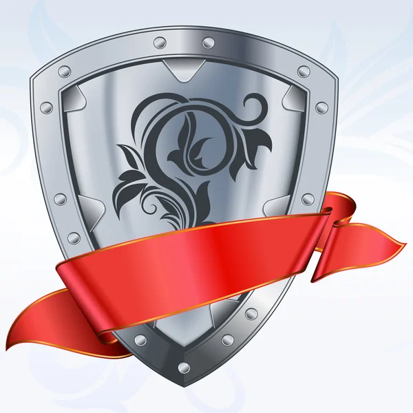 Bouclier en acier avec ruban rouge — Image vectorielle
