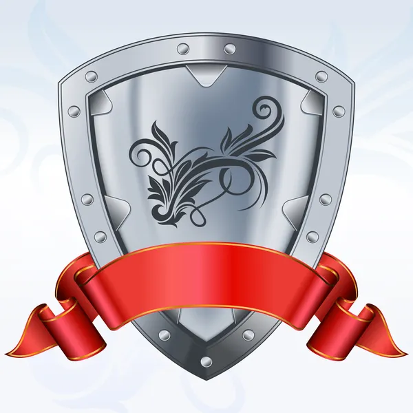 Bouclier en acier avec ruban rouge — Image vectorielle