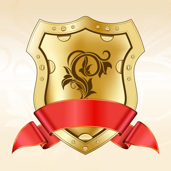 Gold shield with red ribbon — Stock Vector