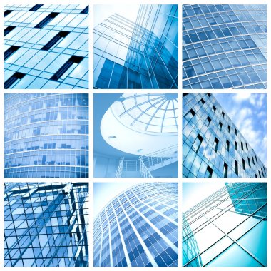 Contemporary collage of blue glass architectural buildings