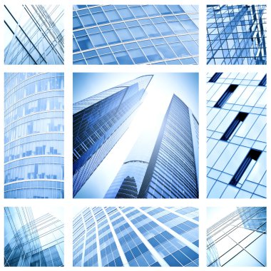 Contemporary collage of blue glass architectural buildings clipart