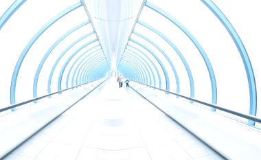 Light corridor in airport with curved glass wall, moving clipart
