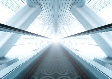 Wide angle of moving symmetric escalator inside contemporary air clipart