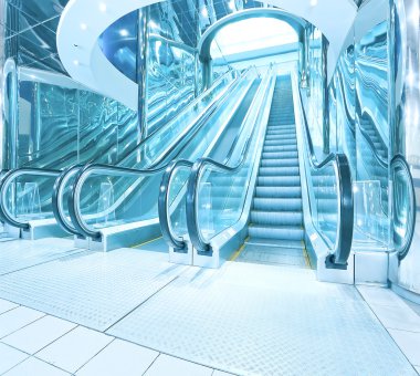 Contemporary moving escalator stairs inside business blue hall clipart