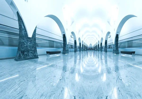 Beautiful hall of metro station with train motion — Stock Photo, Image