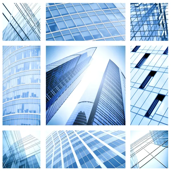 Collage contemporaneo di edifici architettonici in vetro blu — Foto Stock