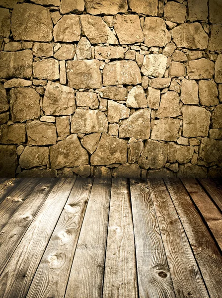 Stenen muur en houten vloer — Stockfoto