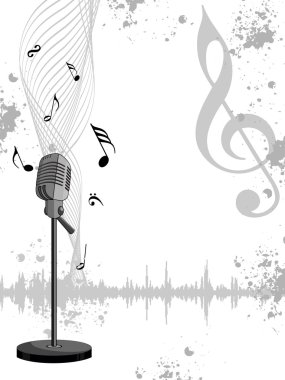 Grungy musical notes background with isolated mike clipart