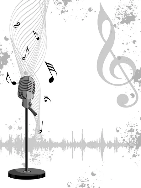 Grungy fondo de notas musicales con micrófono aislado — Vector de stock