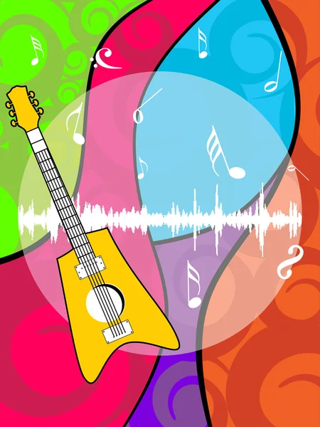 Colorful artwork, musical notes background with guitar — Stock Vector
