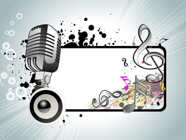Grungy fondo notas musicales con micrófono y vinilo — Vector de stock