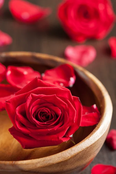 Κόκκινα τριαντάφυλλα σε ξύλινο μπολ — Φωτογραφία Αρχείου