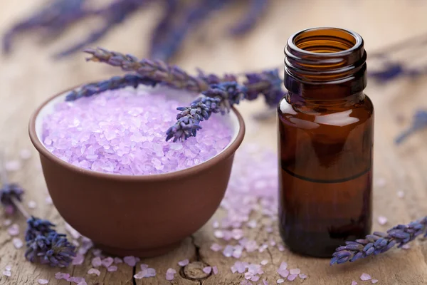 Herbal lavender salt and essential oil — Stock Photo, Image