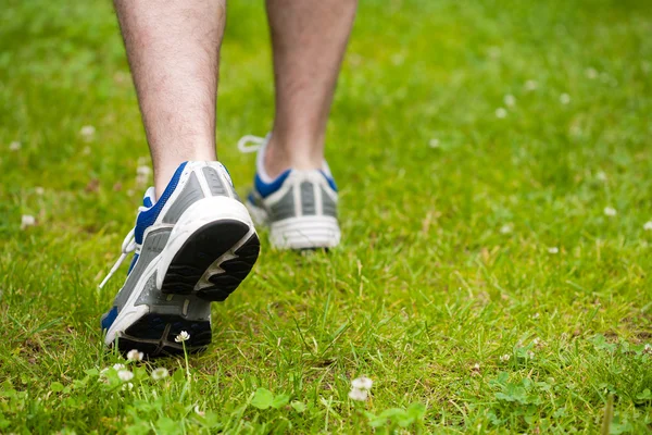 Adam çimenlerin üzerinde yürüyüş bacaklar — Stok fotoğraf