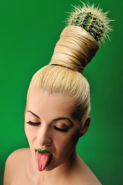 Woman with cactus in her hair — Stock Photo, Image