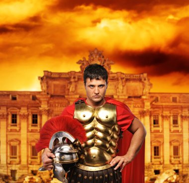 Roman legionary soldier in front of Trevi fountain clipart