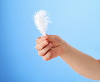 Child's hand holding white feather. Isolated on blue background clipart