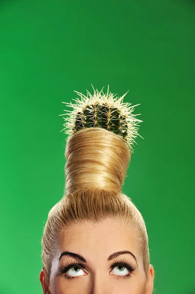 Woman with cactus in her hair — Stock Photo, Image