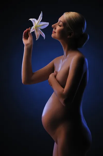백합 꽃과 함께 아름 다운 임신한 여자거 버 꽃과 아름 다운 여자의 클로 우즈 업 초상화 — 스톡 사진