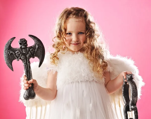 Beautiful little angel with an axe — Stock Photo, Image