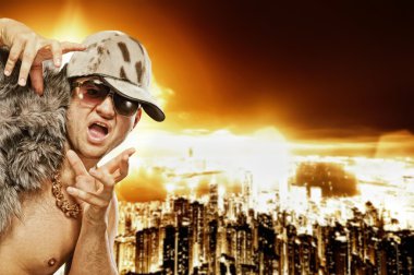 Stylish glamorous rapper in front of modern night city clipart