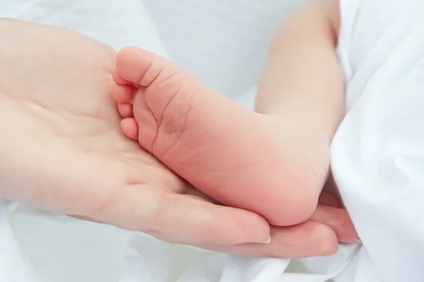 Mutter hält ihre neugeborenen Babyfüße in der Hand — Stockfoto