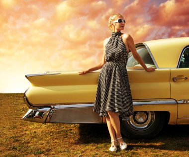 Beautiful lady standing near retro car clipart