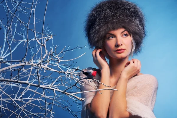 Mujer atractiva en el bosque de invierno —  Fotos de Stock