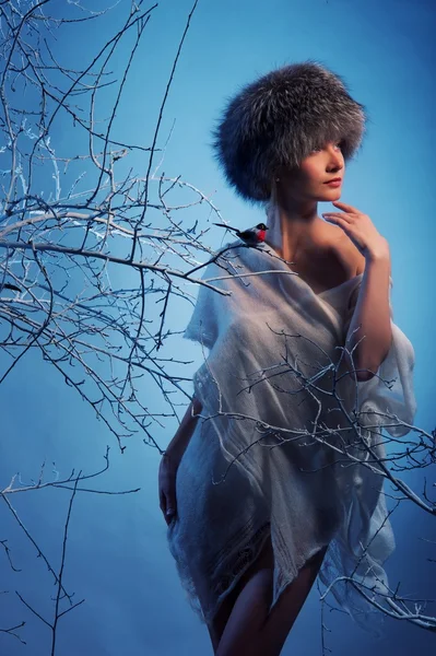 Attraktiv kvinna i vinter skog — Stockfoto