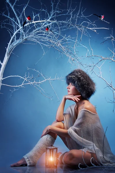 Çekici bir kadın kış orman — Stok fotoğraf