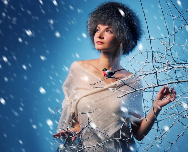 Mujer atractiva en el bosque de invierno — Foto de Stock