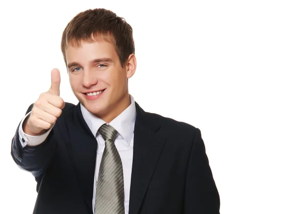 Feliz hombre de negocios mostrando su pulgar hacia arriba con sonrisa —  Fotos de Stock