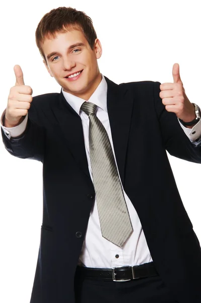 Feliz hombre de negocios mostrando su pulgar hacia arriba con sonrisa —  Fotos de Stock